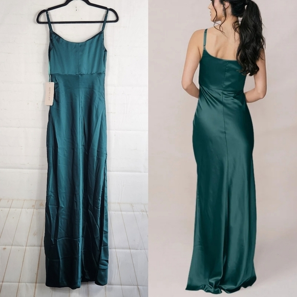Revelry Skye Satin Bridesmaid Cowl Neck Maxi Dress Classic Emerald - 714 Size 2 - Picture 3 of 13